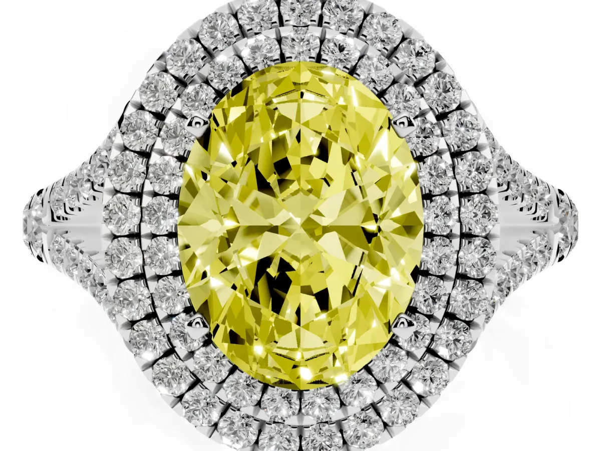 Fancy Yellow Oval Cut Diamond Pavé Split Shank Double Halo Engagement Ring Platinum