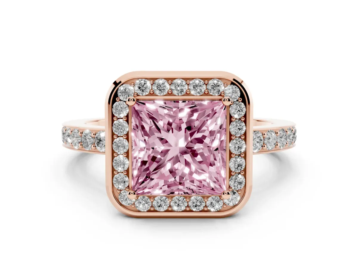 Fancy Pink Princess Cut Diamond Halo Ring with Bezel Frame and Pavé Band Rose gold
