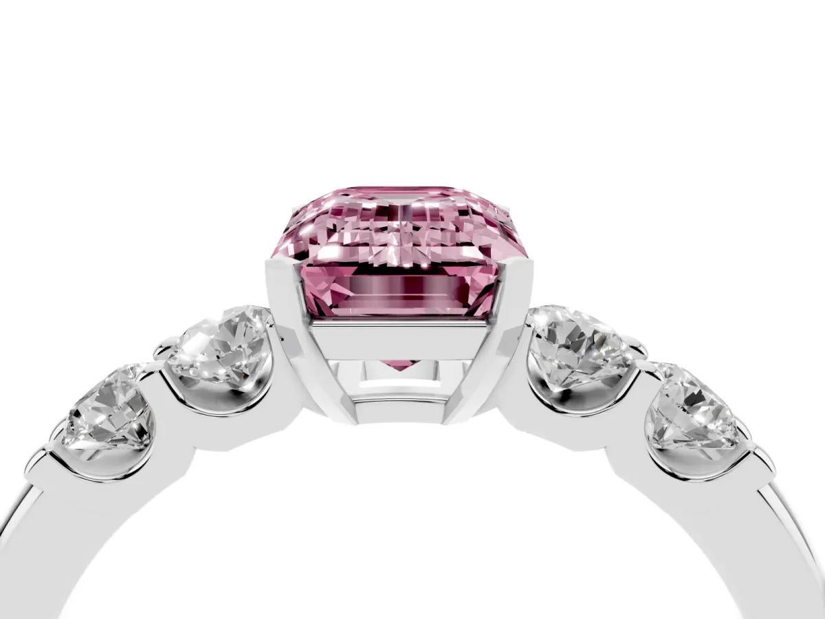 Fancy Pink Emerald Cut Brilliant Cut Diamond Five-Stone Prong Set Engagement Ring with Channel Band Platinum