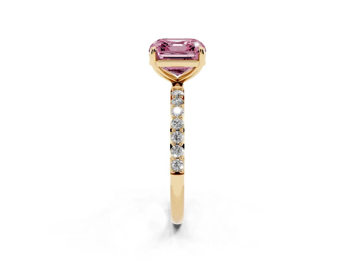 Fancy Pink Asscher Cut Diamond Solitaire Ring with Round Pavé Band and Prong Setting Yellow gold