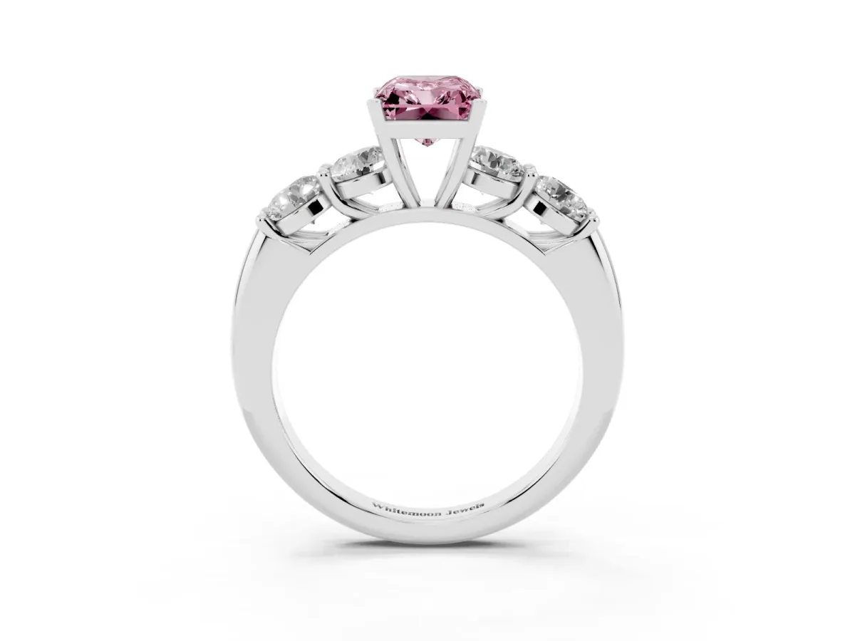 Fancy Pink Radiant Cut Cut Five-Stone Prong Set Diamond Ring with Classic Band Silver