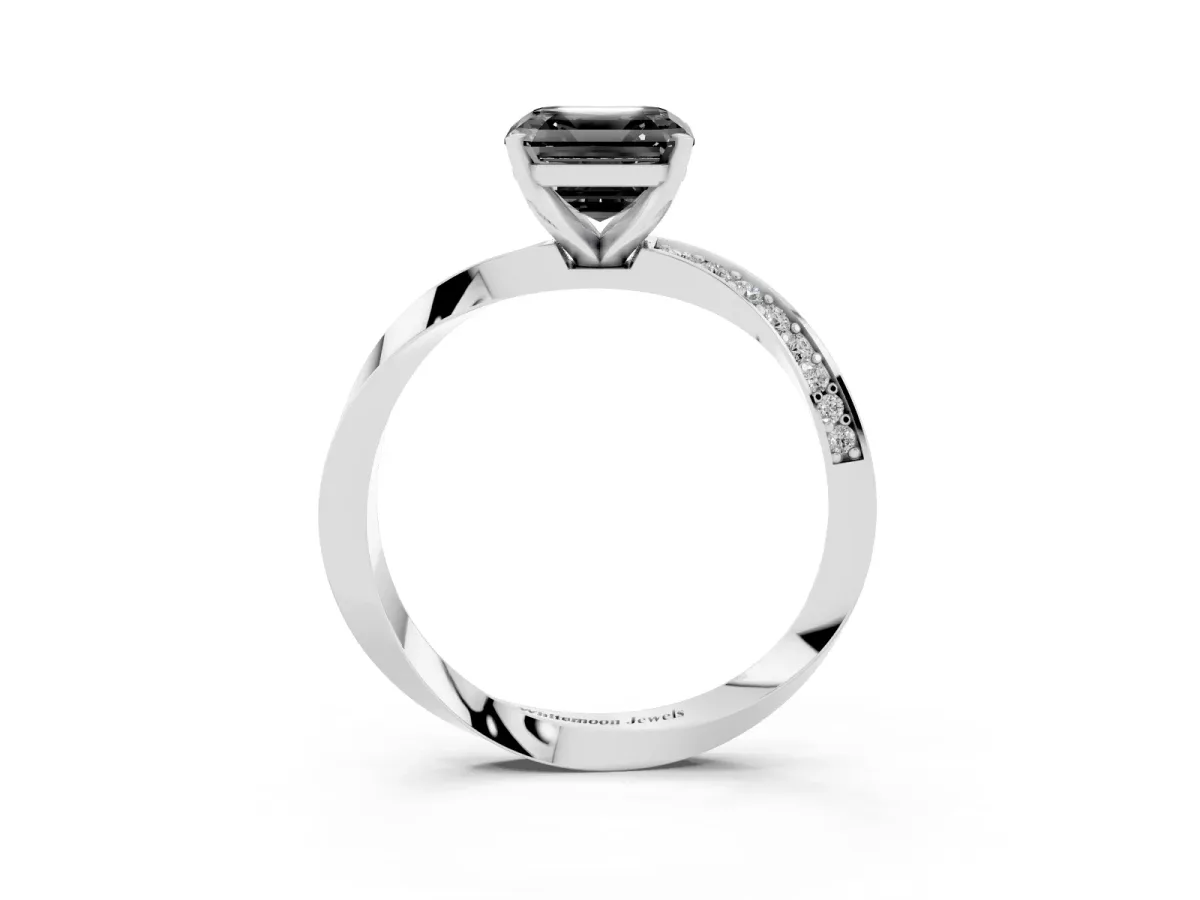 Fancy Black Asscher Cut Diamond Engagement Ring with Side Stone Accents and Four-Prong Setting Platinum
