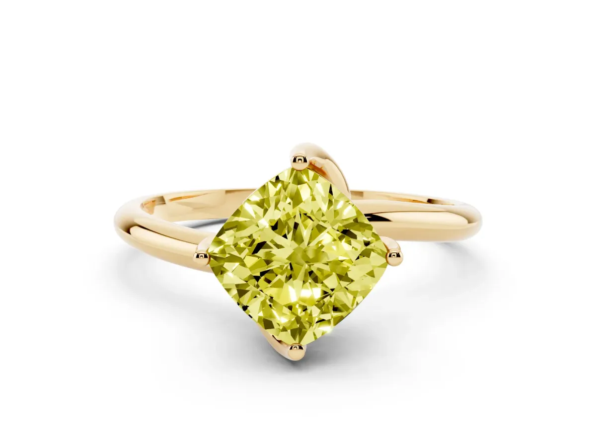 Fancy Yellow Cushion Cut Diamond Solitaire Engagement Ring with Four-Prong Setting and Classic Band Yellow gold