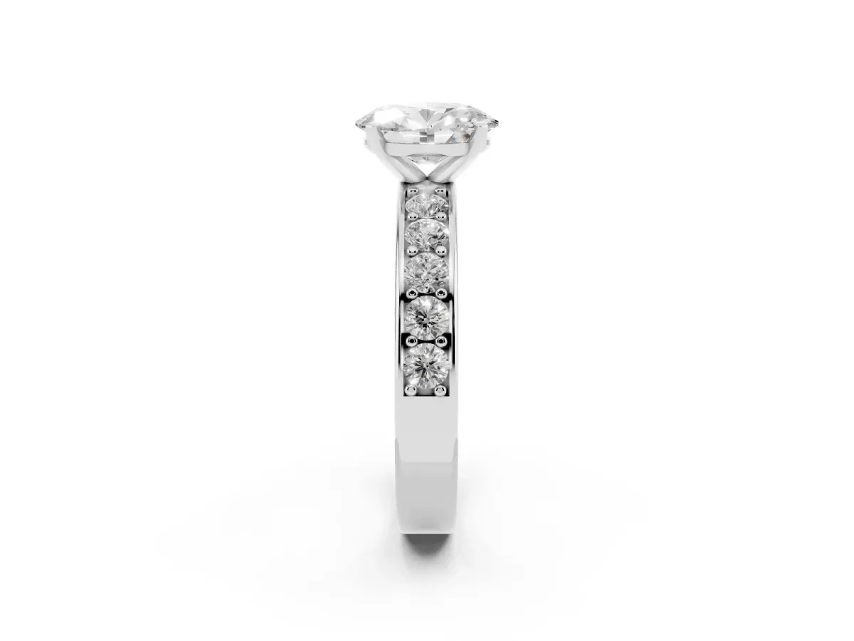 Oval Cut Diamond Engagement Ring with Channel Set Round Band and Prong Setting Platinum