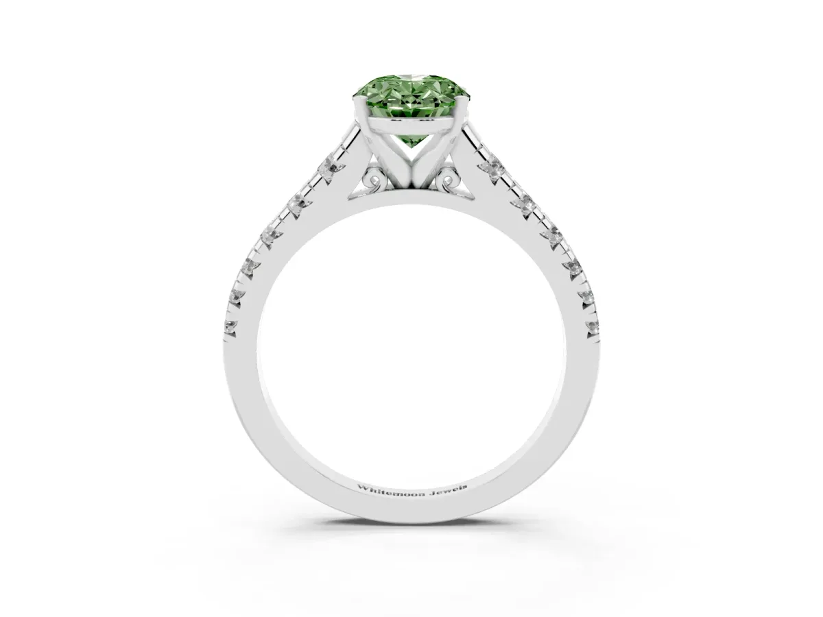 Fancy Green Oval Cut Diamond Cathedral Solitaire Ring with Round Pavé Band Silver