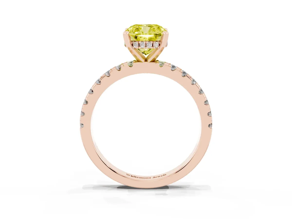 Fancy Yellow Cushion Cut Diamond Solitaire Ring with Round Pavé Band and Four-Prong Setting Rose gold