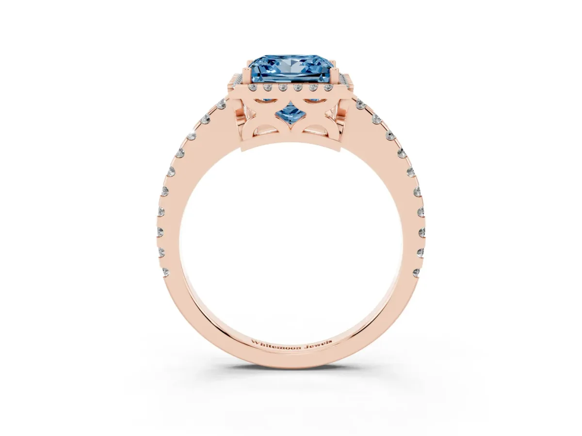 Fancy Blue Princess Cut Diamond Halo Engagement Ring with Pavé Band and Prong Setting Rose gold