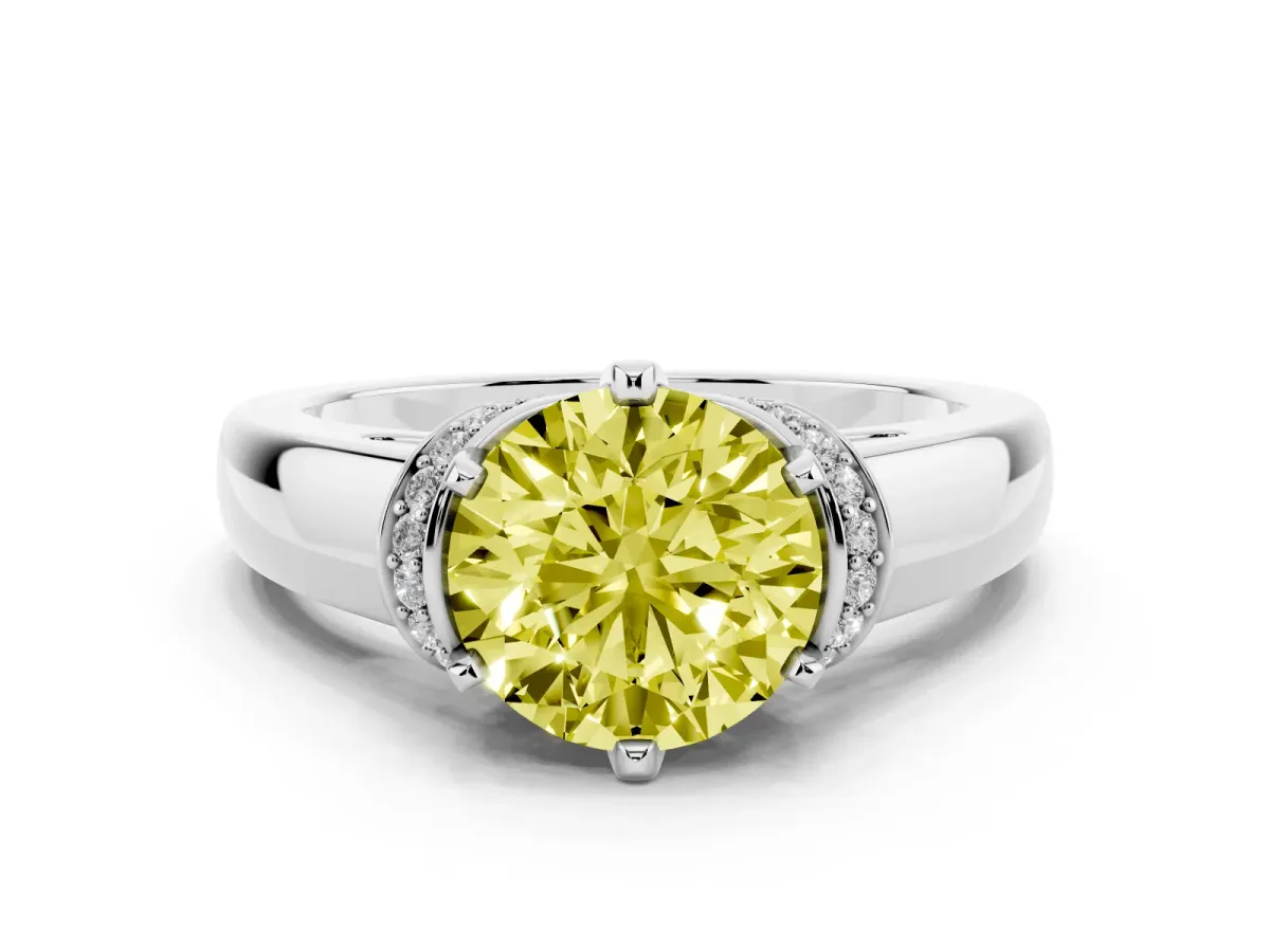 Fancy Yellow Round Cut Solitaire Diamond Ring with Pave Band and Six-Prong Setting Silver