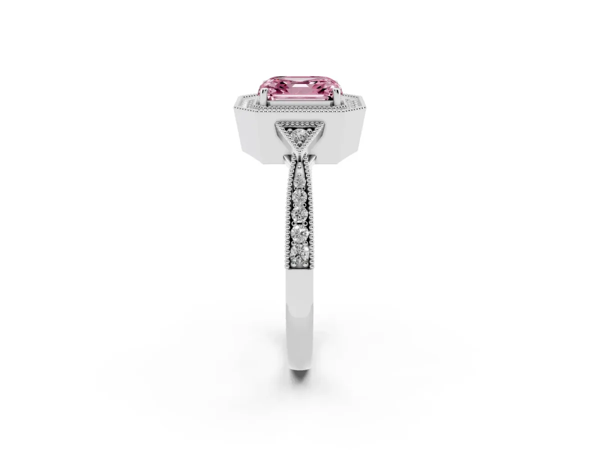 Fancy Pink Asscher Cut Halo Round Diamond Milgrain Pave Engagement Ring Platinum