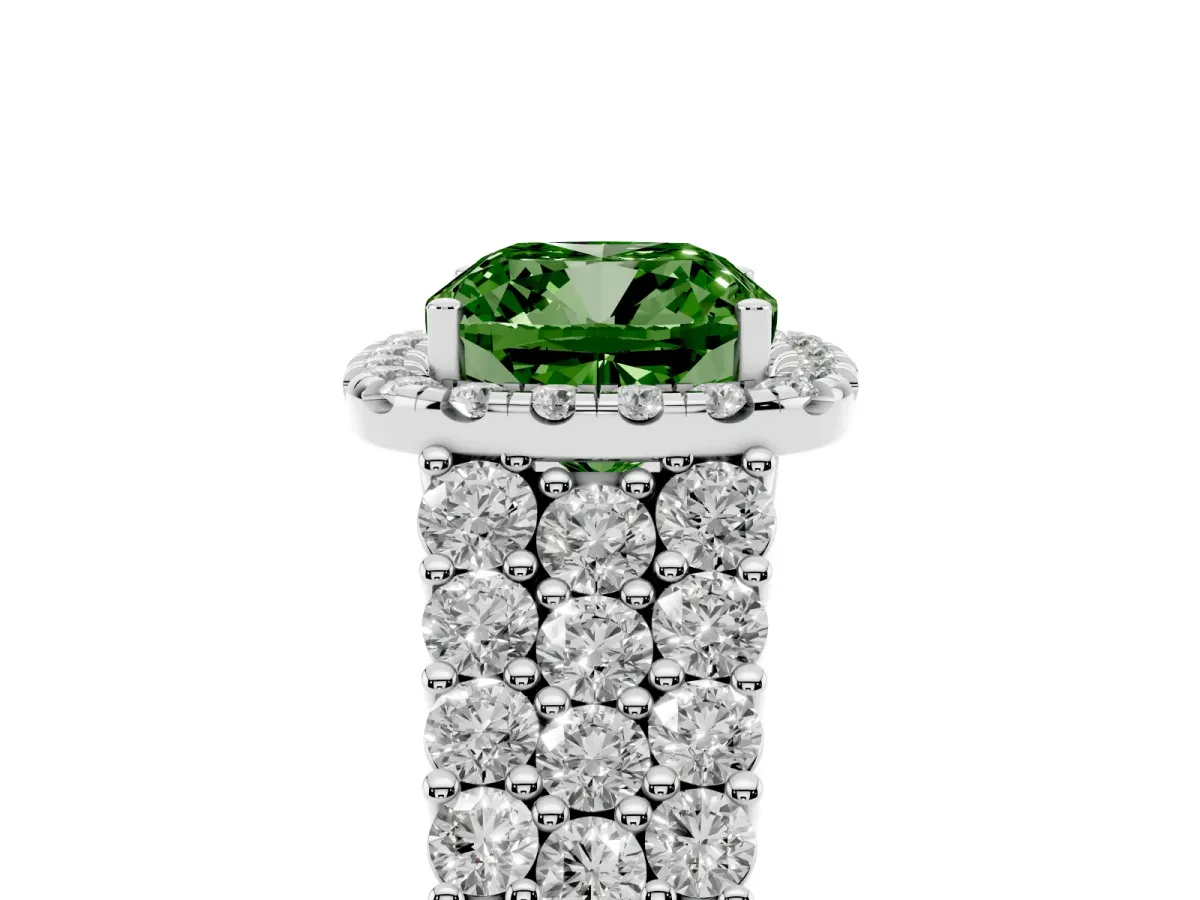 Fancy Green Cushion Cut Diamond Halo Engagement Ring with Triple Row Round Pavé Band and Prong Setting White gold