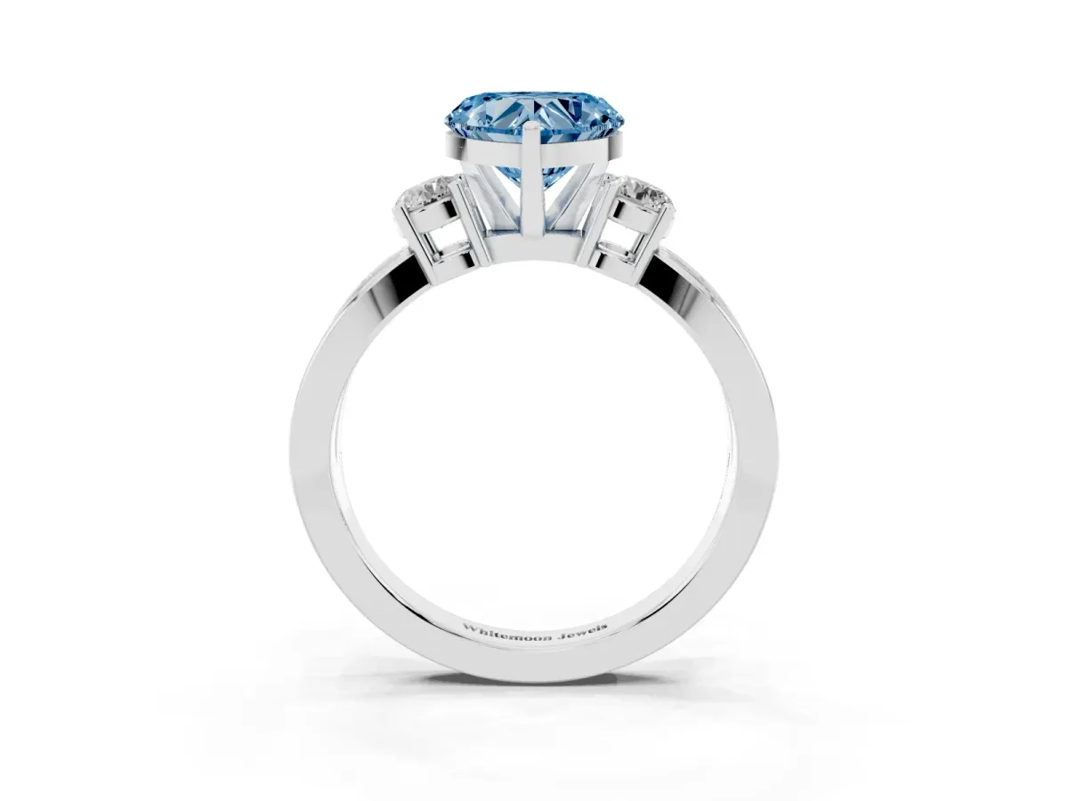 Fancy Blue Three-Stone Heart Cut Cut Diamond Twist Band with Prong Setting Silver