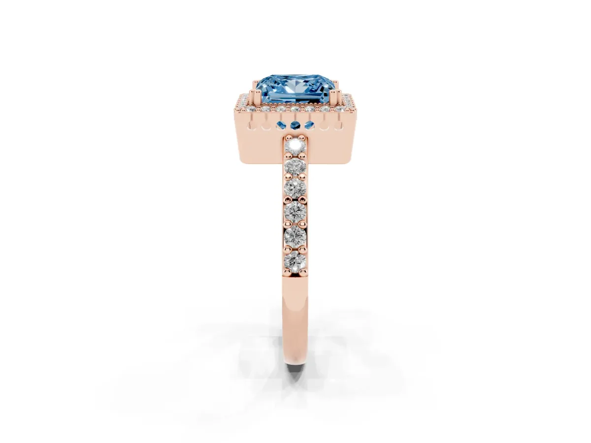 Fancy Blue Princess Cut Cut Diamond Halo Engagement Ring with Milgrain Detail and Pavé Band Rose gold