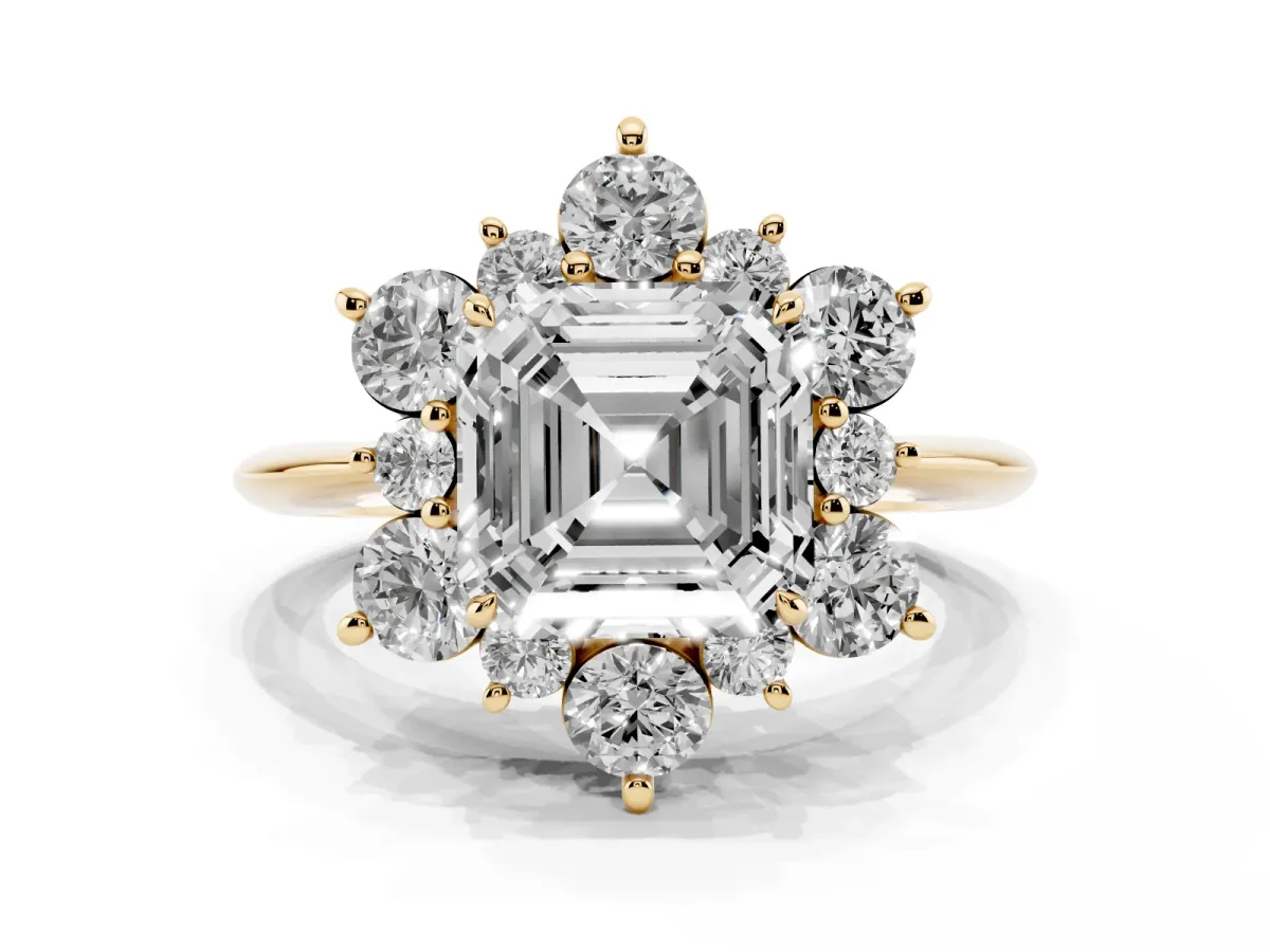 Asscher Cut Diamond Cluster Halo Ring with Solitaire Band and Four-Prong Setting Yellow gold