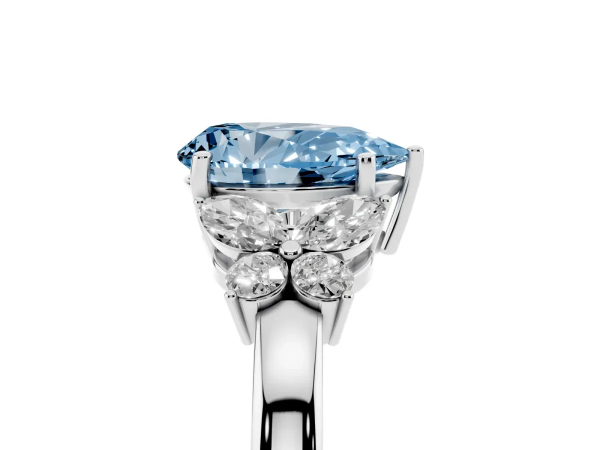 Fancy Blue Pear Cut Cut Solitaire Floral Diamond Ring with Four-Prong Setting Platinum