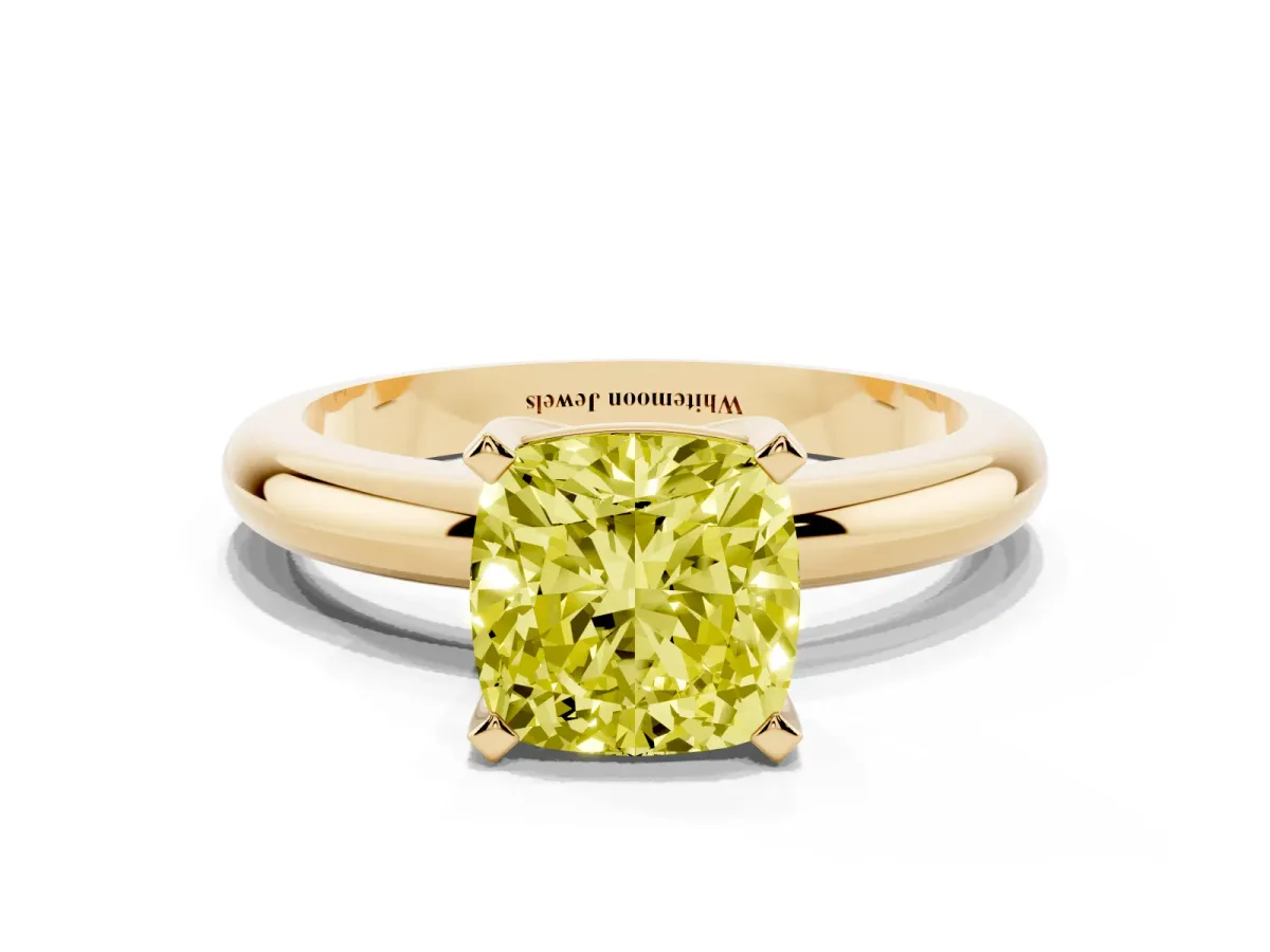 Fancy Yellow Cushion Cut Diamond Solitaire Engagement Ring with Round Band and Four-Prong Setting Yellow gold