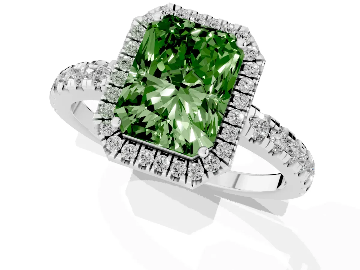 Fancy Green Radiant Cut Diamond Halo Ring with Pavé Band and Four-Prong Setting Platinum