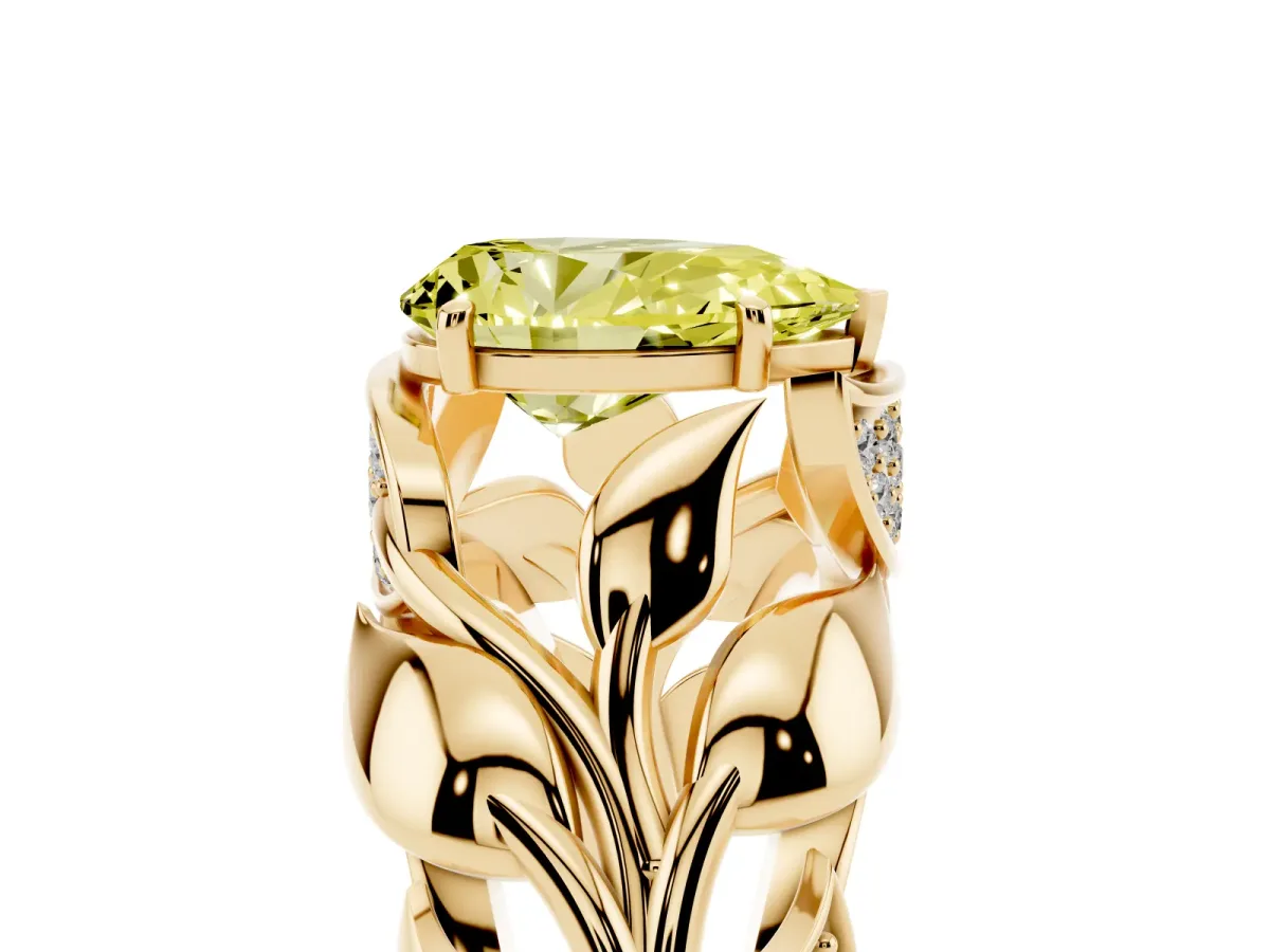 Fancy Yellow Pear Cut Diamond Leaf-Inspired Engagement Ring with Round Accents and Prong Setting Yellow gold