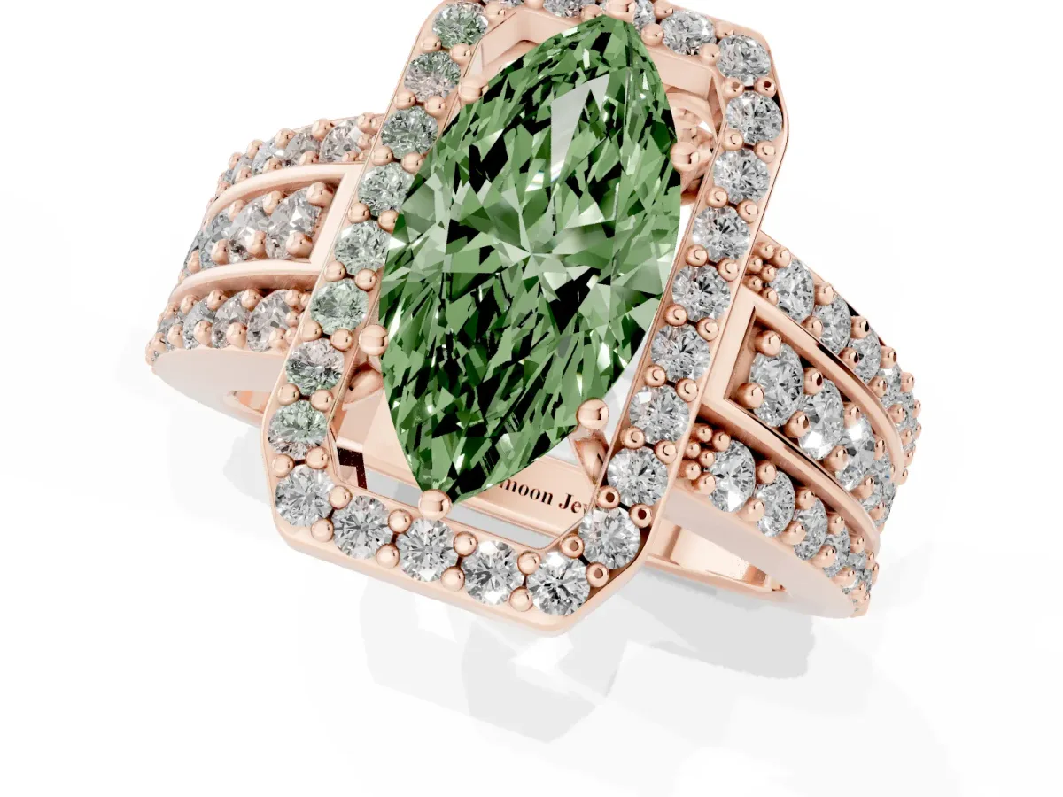 Fancy Green Marquise Cut Halo Diamond Ring with Round Split Shank and Prong Setting Rose gold