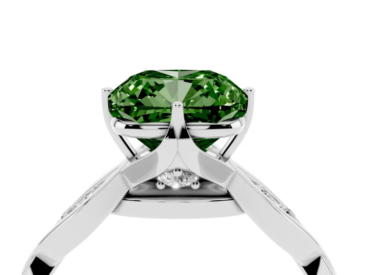Fancy Green Cushion Cut Solitaire Twist Band with Leaf Prong Setting Silver