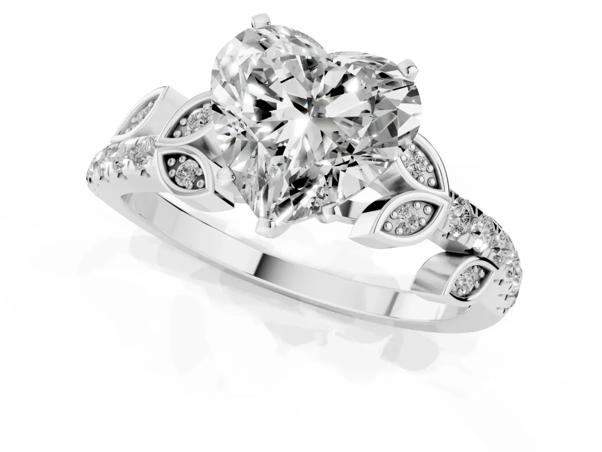 Heart Cut Solitaire Leaf-Inspired Diamond Ring with Pavé Band and Four-Prong Setting Silver