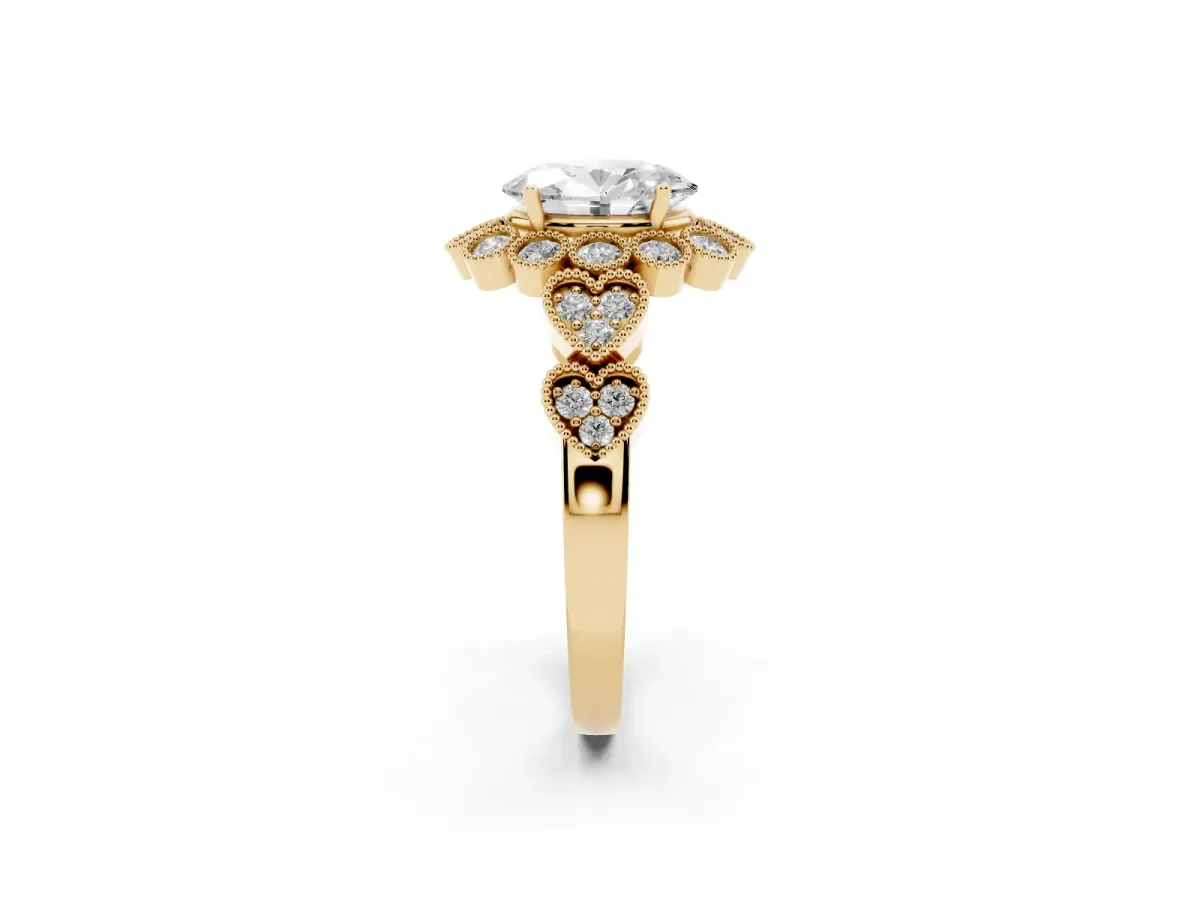 Oval Cut Brilliant Milgrain Pave Heart Band Solitaire Ring Yellow gold