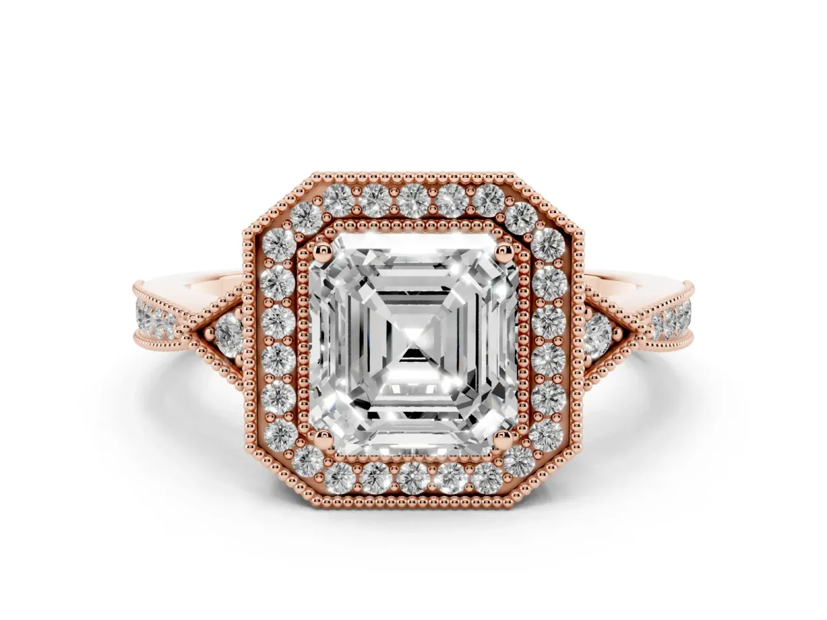 Asscher Cut Halo Round Diamond Milgrain Pave Engagement Ring Rose gold