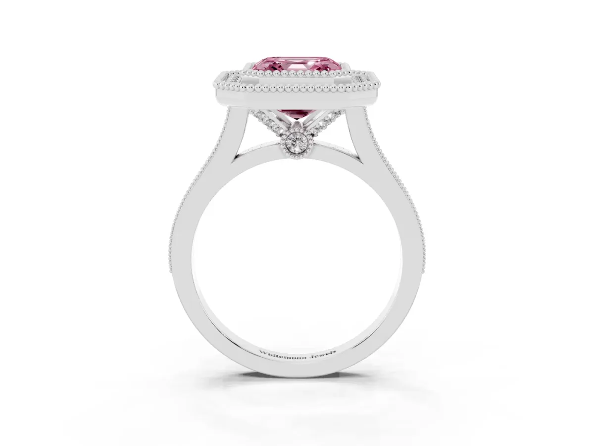 Fancy Pink Asscher Cut Diamond Halo Ring with Milgrain Frame and Pavé Band Silver