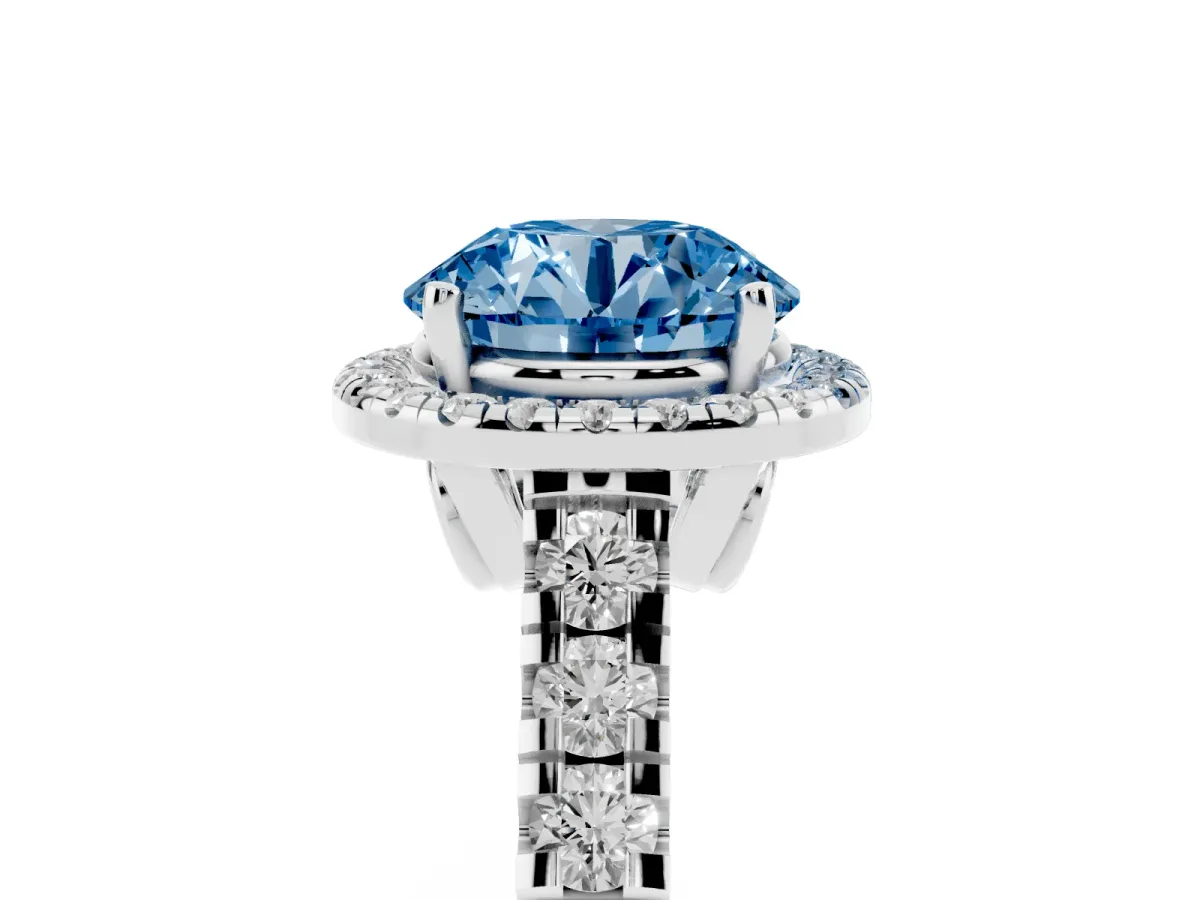 Fancy Blue Round Cut Halo Pavé Diamond Engagement Ring with Four-Prong Setting Silver