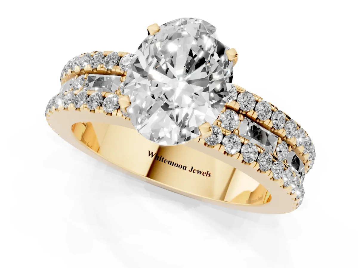 Oval Cut Diamond Solitaire Ring with Pavé and Channel Set Band Yellow gold