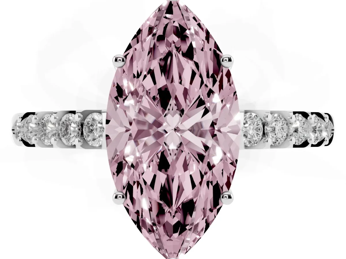 Fancy Pink Marquise Cut Solitaire Diamond Engagement Ring with Pavé Band and Six-Prong Setting White gold