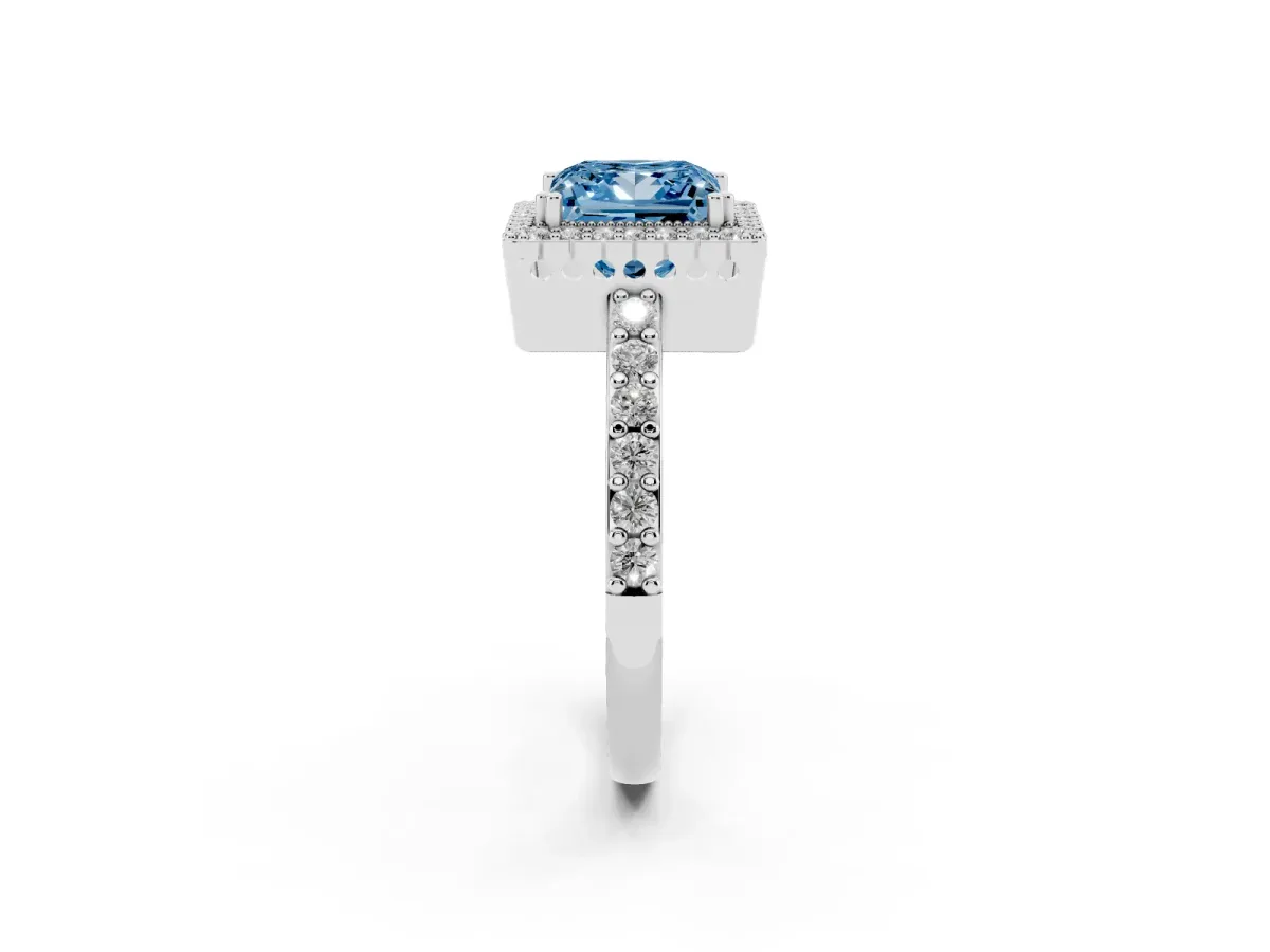 Fancy Blue Princess Cut Cut Diamond Halo Engagement Ring with Milgrain Detail and Pavé Band Platinum