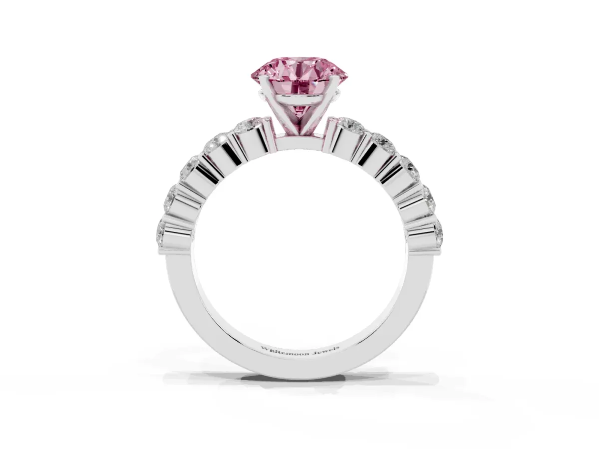 Fancy Pink Round Cut Diamond Solitaire Ring with Shared Prong Round Side Stones Platinum