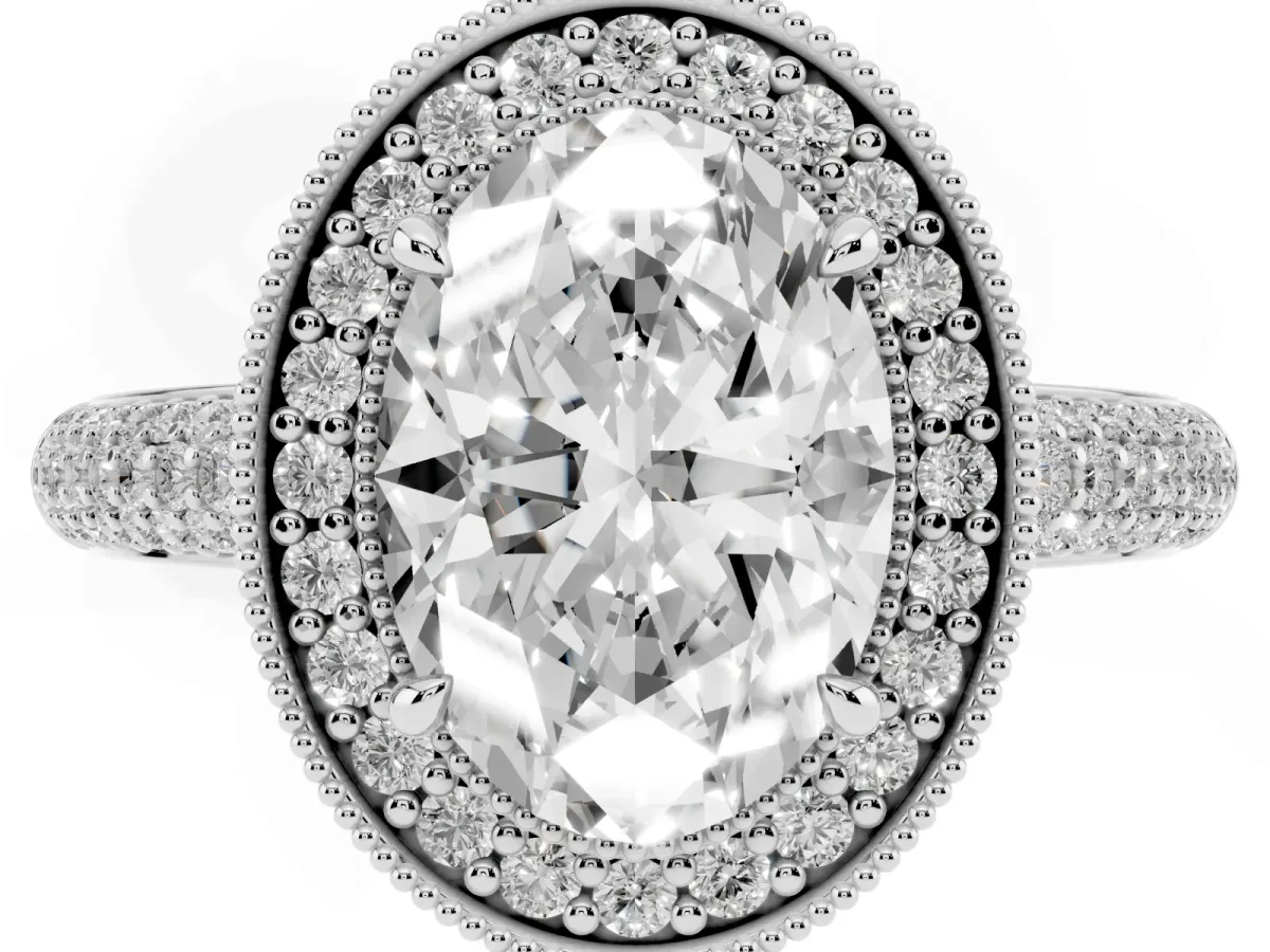 Oval Cut Cut Halo Diamond Pave Band with Four-Prong Setting Silver
