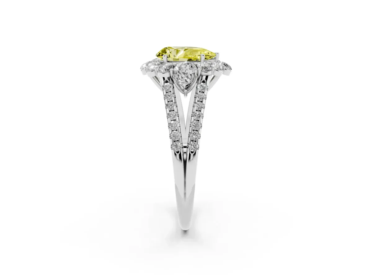 Fancy Yellow Pear Cut Halo Split Shank Diamond Engagement Ring with Prong Setting Platinum
