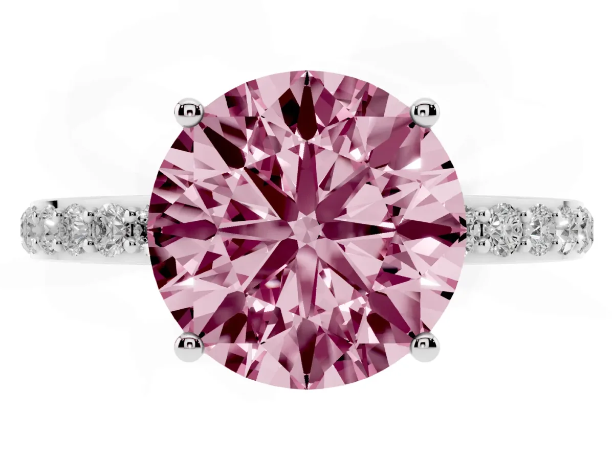 Fancy Pink Round Cut Diamond Solitaire Ring with Pavé Band and Hidden Halo Platinum