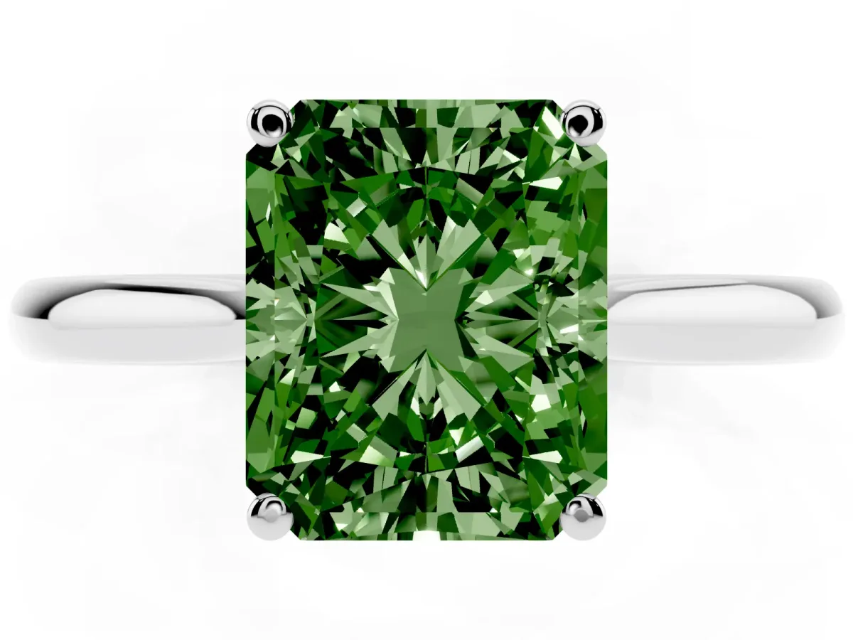 Fancy Green Radiant Cut Cut Solitaire Ring with Cathedral Band and Four-Prong Setting Silver