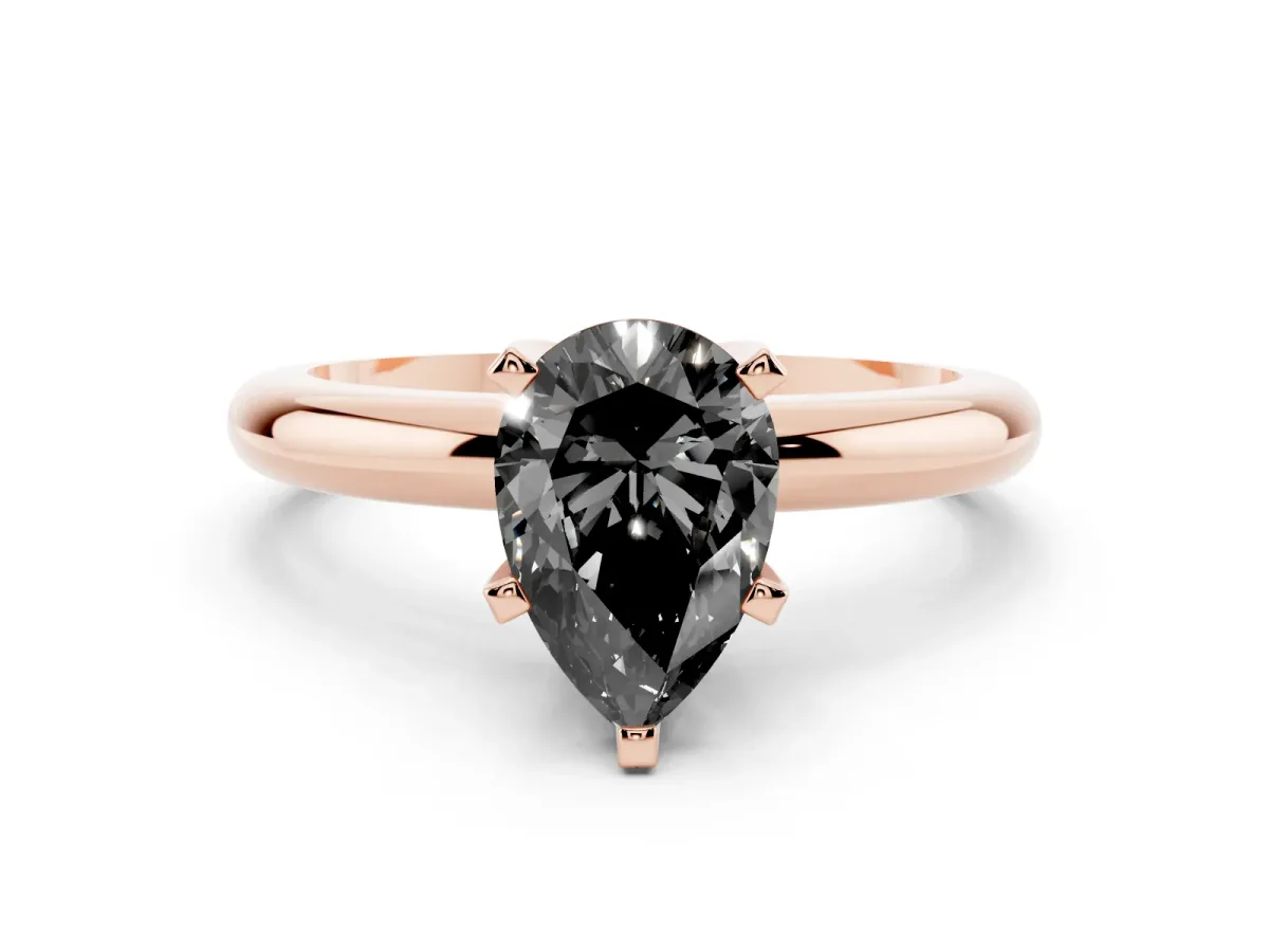 Fancy Black Pear Cut Diamond Solitaire Engagement Ring with Round Band and Four-Prong Setting Rose gold