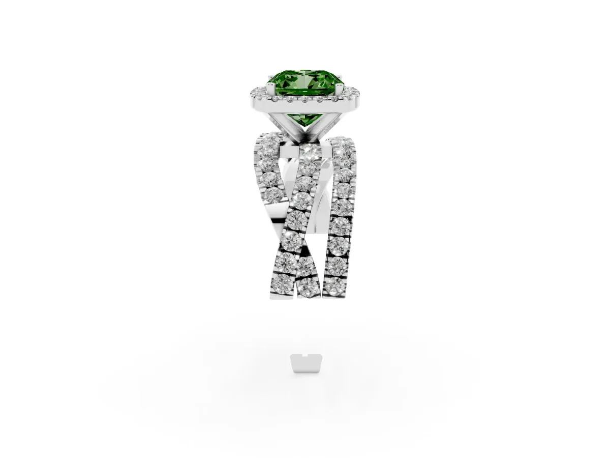 Fancy Green Cushion Cut Diamond Halo Ring with Round Split Shank and Prong Setting Silver