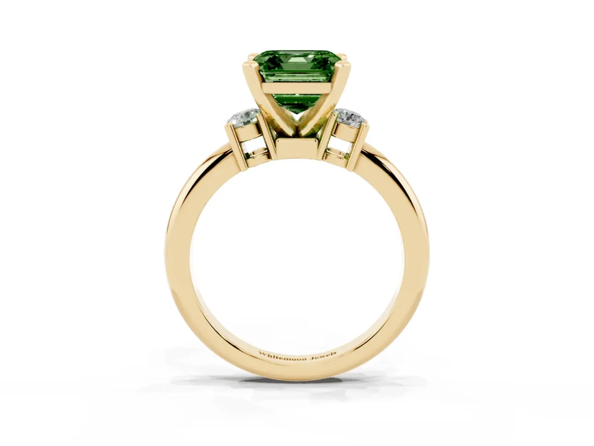 Fancy Green Three-Stone Asscher Cut Cut Diamond Solitaire with Prong Setting and Classic Band Yellow gold