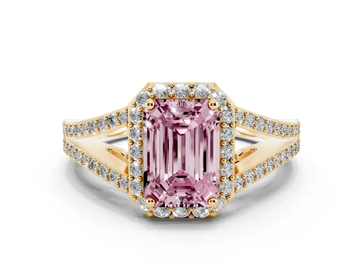 Fancy Pink Emerald Cut Halo Split Shank Pave Diamond Ring with Four-Prong Setting Yellow gold