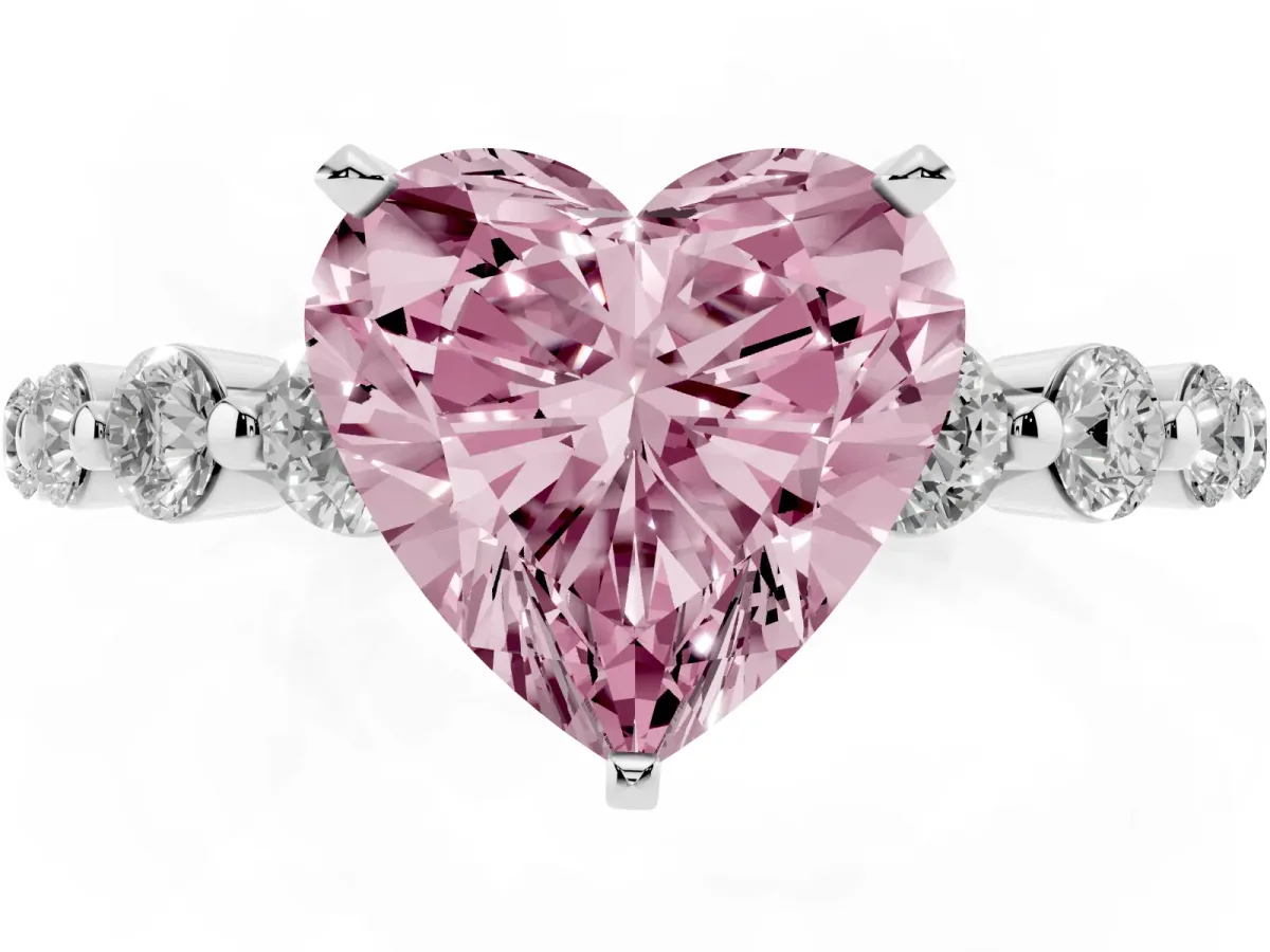 Fancy Pink Heart Cut Solitaire Diamond Ring with Pave Band and Four-Prong Setting Silver