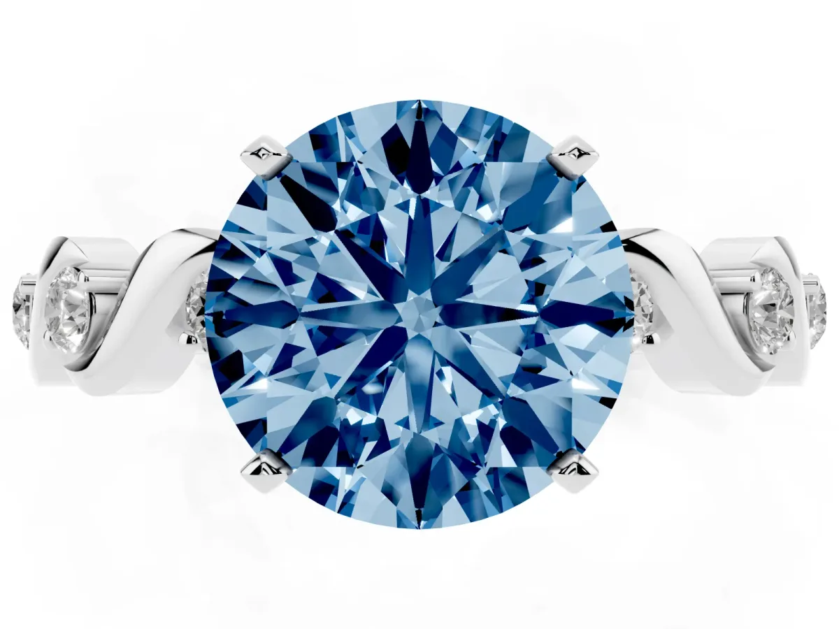 Fancy Blue Round Cut Diamond Solitaire Twisted Band with Round Accents and Prong Setting Silver