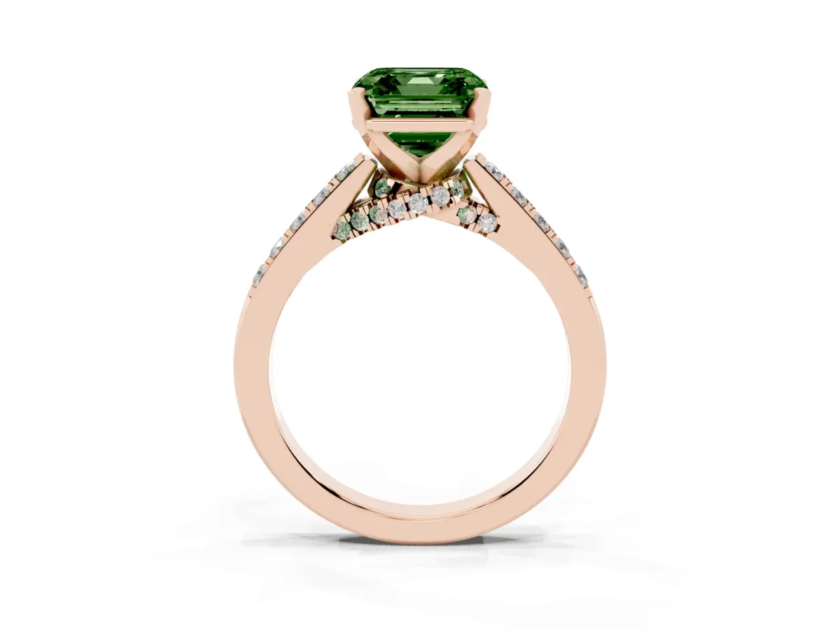Fancy Green Asscher Cut Diamond Solitaire Ring with Crossover Gallery and Round Pavé Band Rose gold