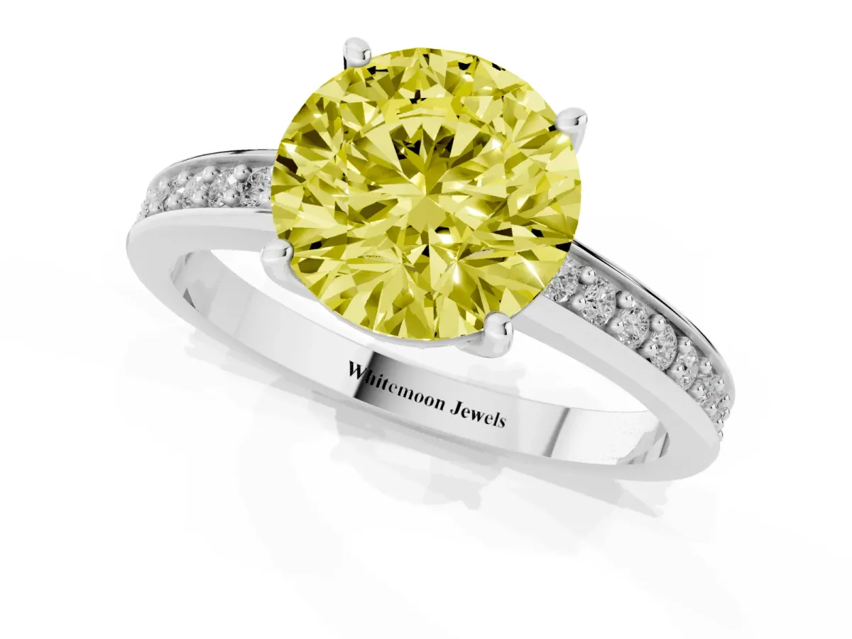 Fancy Yellow Round Cut Solitaire Pavé Band Prong Setting Ring Silver