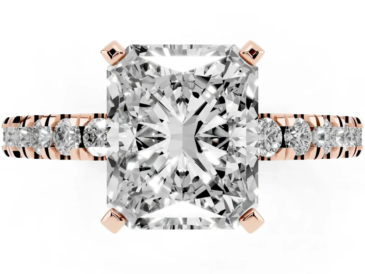 Radiant Cut Solitaire Diamond with Pavé Band and Four-Prong Setting Rose gold
