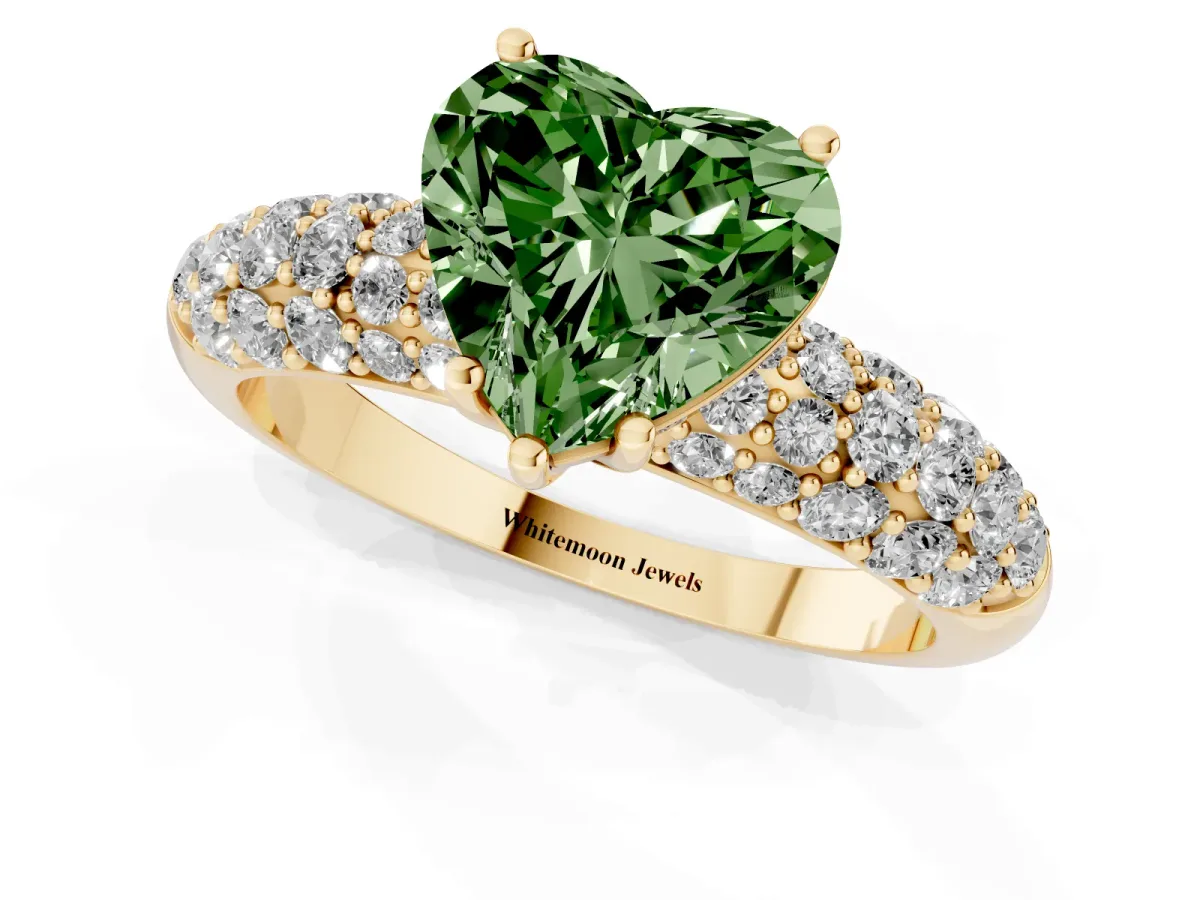 Fancy Green Heart Cut Diamond Pavé Band Solitaire Ring with Four-Prong Setting Yellow gold