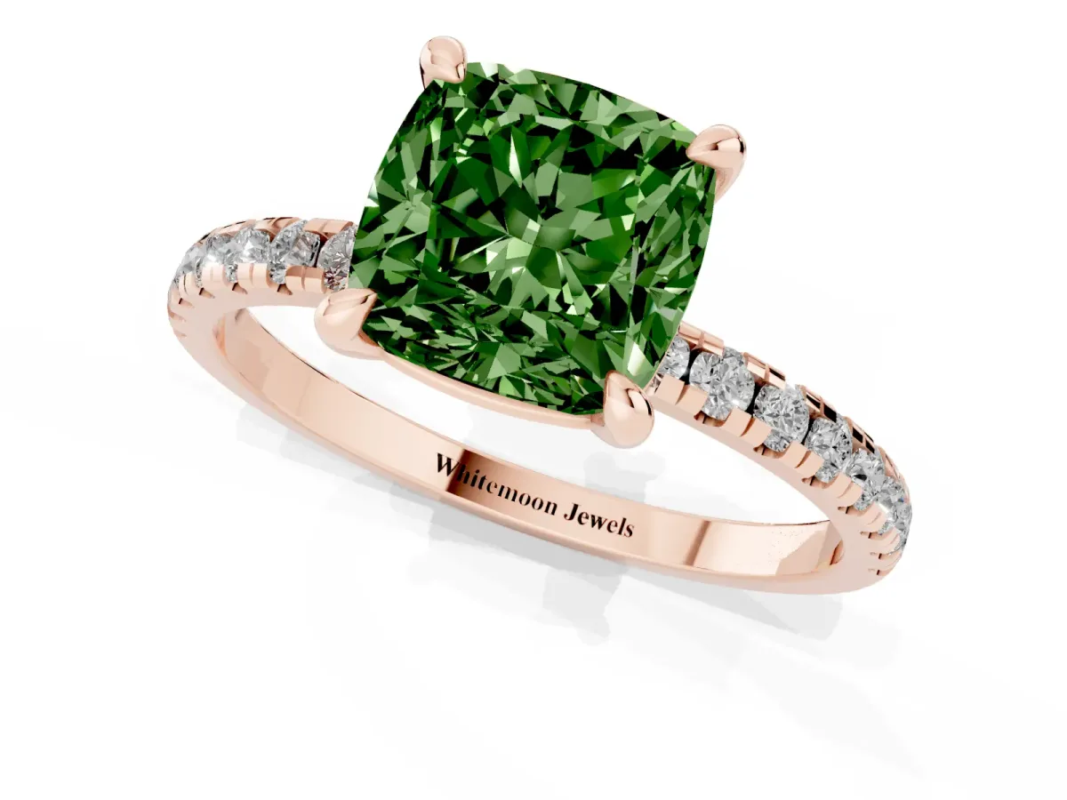 Fancy Green Cushion Cut Diamond Brilliant Solitaire Ring with Pavé Band and Four-Prong Setting Rose gold