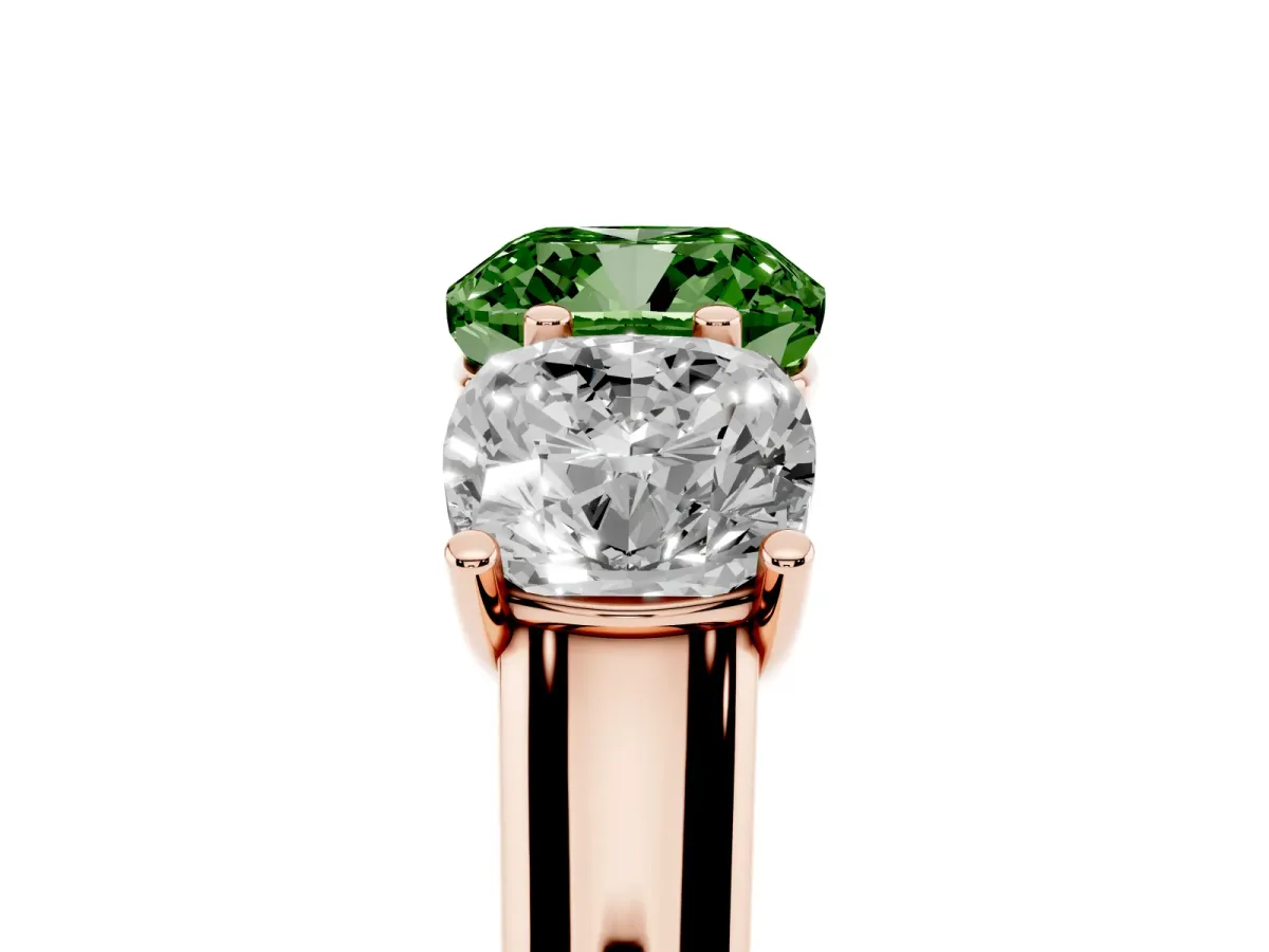 Fancy Green Cushion Cut Three-Stone Diamond Ring with Prong Setting on a Classic Band Rose gold