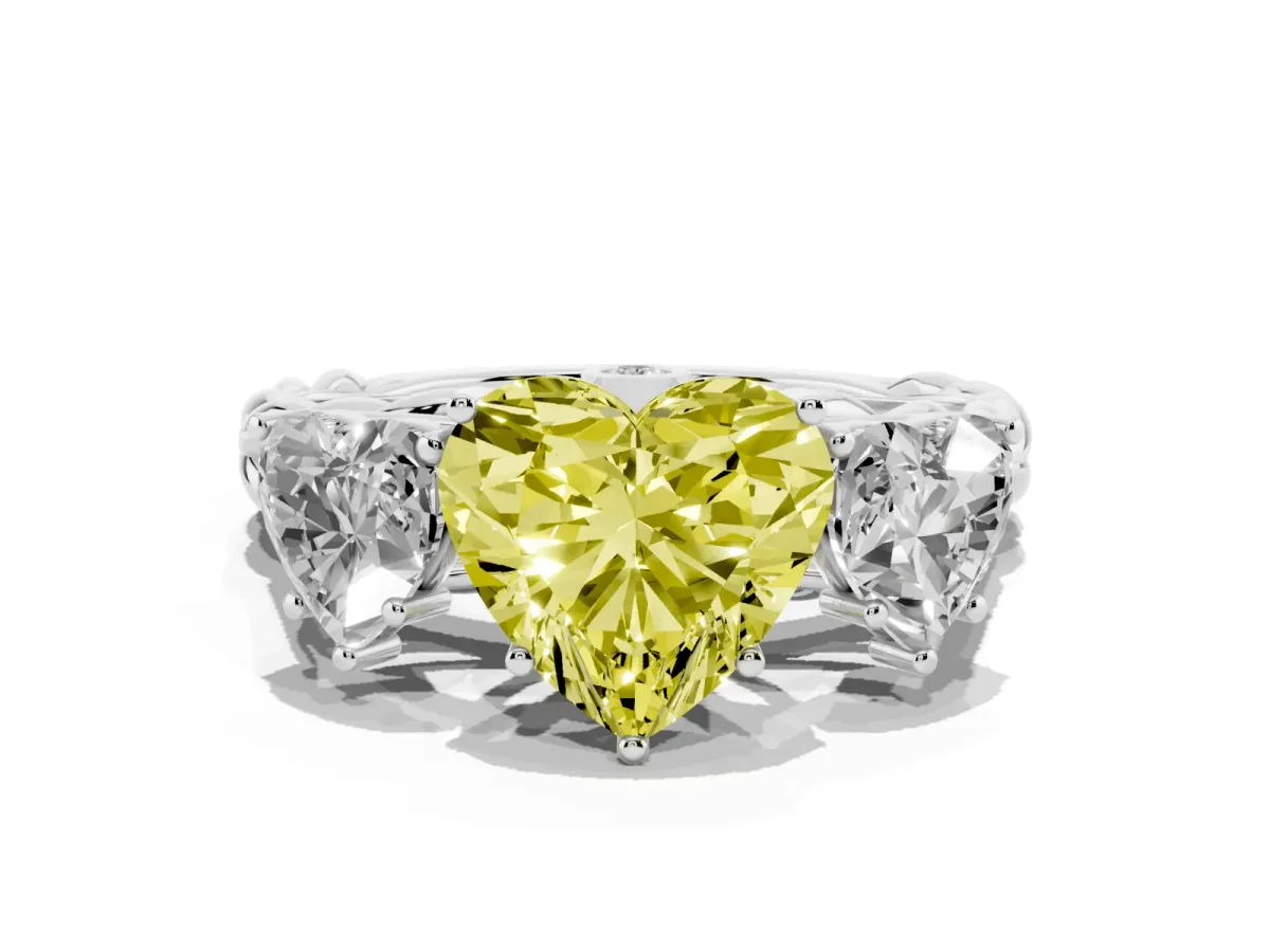 Fancy Yellow Three-Stone Heart Cut Diamond Braided Band Ring with Four-Prong Setting Silver