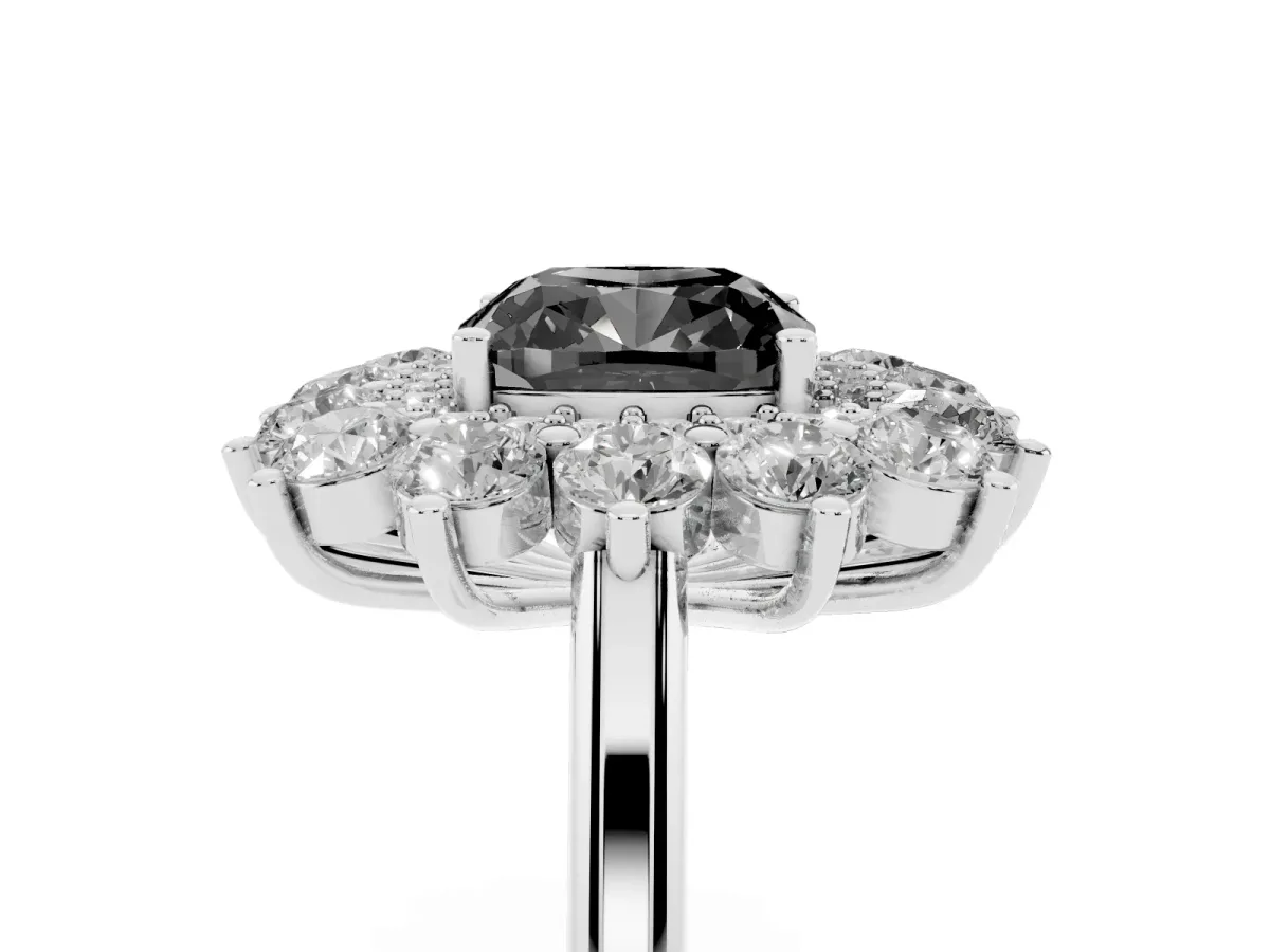 Fancy Black Cushion Cut Diamond Floral Double Halo Engagement Ring with Prong Setting Silver